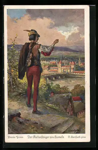 Künstler-AK Oskar Herrfurth: Brüder Grimm's Märchen, Der Rattenfänger von Hameln, Rattenfänger am Stadtrand
