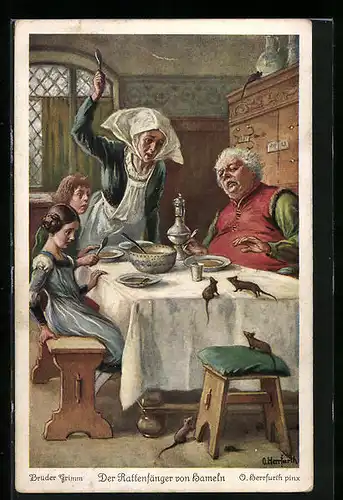 Künstler-AK Oskar Herrfurth: Brüder Grimm's Märchen, Der Rattenfänger von Hameln, Ratten auf einem Küchentisch