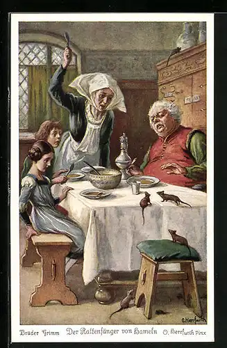 Künstler-AK Oskar Herrfurth: Brüder Grimm's Märchen, Der Rattenfänger von Hameln, Ratten auf dem Küchentisch