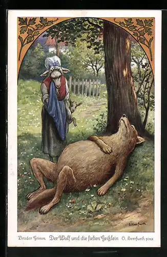 Künstler-AK Oskar Herrfurth: Brüder Grimm's Märchen, Der Wolf und die sieben Geisslein, Ziegenmutter mit Wolf