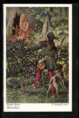 Künstler-AK Oskar Herrfurth: Brüder Grimm's Märchen, Marienkind, König findet Mädchen bei der Jagd