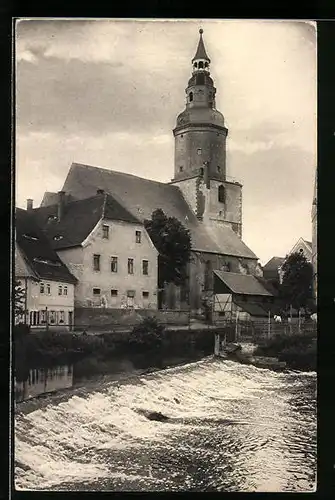 AK Döbeln, Nikolaikirche mit Wehr der Obermühle