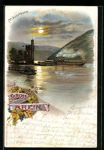 Lithographie Bingen /Rhein, Mäuseturm bei Mondschein