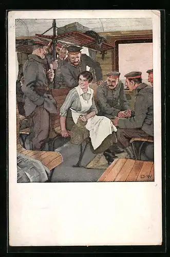 Künstler-AK Brynolf Wennerberg: Urlaubsfahrt, Soldaten mit Frau im Bahnabteil