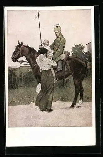 Künstler-AK Brynolf Wennerberg: Abschied, Soldat zu Pferde und Frau mit Kind