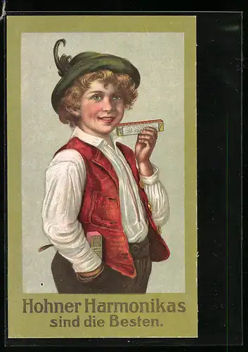AK Junger Mann mit Mundharmonika, Reklame für Hohner Harmonikas