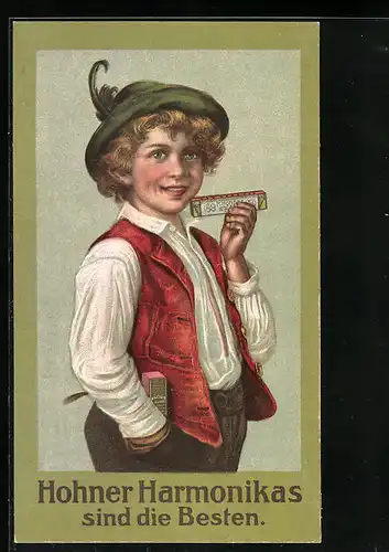 AK Junger Mann mit Mundharmonika, Reklame für Hohner Harmonikas