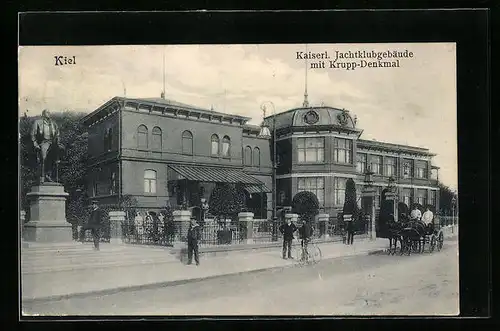 AK Kiel, Kaiserliches Jachtklubgebäude mit Krupp-Denkmal