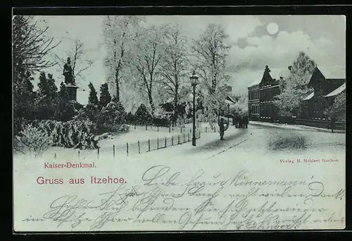 Mondschein-AK Itzehoe, Kaiser-Denkmal im Schnee