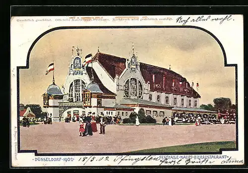 Künstler-AK Düsseldorf, Ausstellung 1902, Festhalle-Haupt-Bierrestaurant
