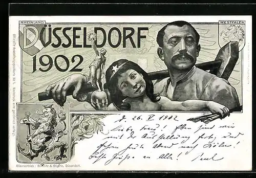 Lithographie Düsseldorf, Ausstellung 1902, Arbeiter mit Hammer und Mädchen, Wappen