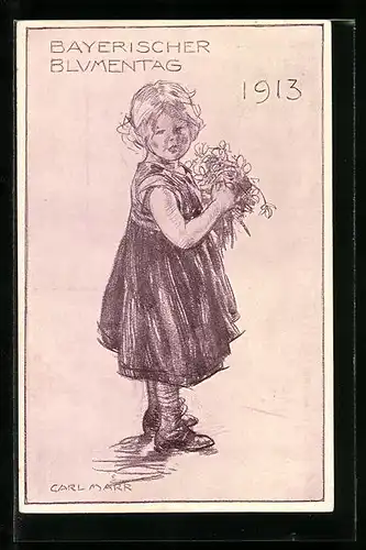 AK Kleines Mädchen mit Blumen, Bayerischer Blumentag 1913, Ganzsache Bayern