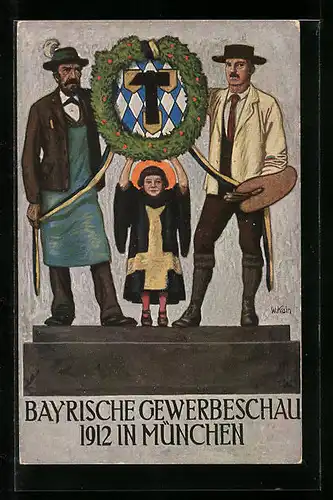 Künstler-AK München, Bayrische Gewerbeschau 1912, Münchner Kindl und zwei Männer mit Wappen, Ganzsache Bayern