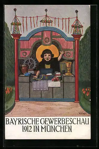 Künstler-AK München, Bayrische Gewerbeschau 1912, Münchner Kind am Stand, Ganzsache Bayern