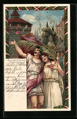 Künstler-AK Nürnberg, X. Deutsches Turnfest 1903, Aus dem Festzug Erste Gruppe, Ganzsache Bayern