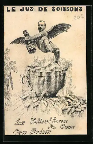 AK Engel mit einer Weinflasche, Reklame für Wein Le Jus de Soissons
