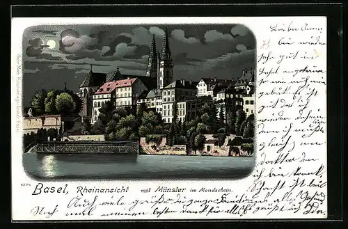 Lithographie Basel, Rheinansicht mit Münster im Mondschein