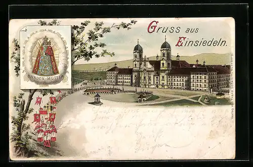 Lithographie Einsiedeln, Kloster mit Prozession, Gnadenbild