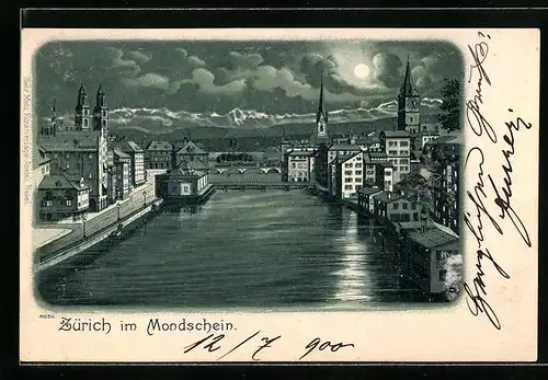 Lithographie Zürich, Uferpartie im Mondschein