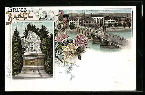 Lithographie Basel, Alte Brücke mit Klein Basel, Strassburger-Denkmal
