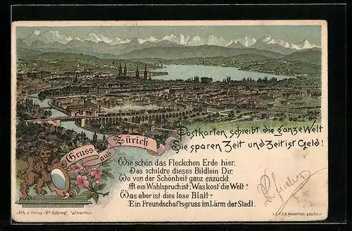 Lithographie Zürich, Teilansicht mit Brücken