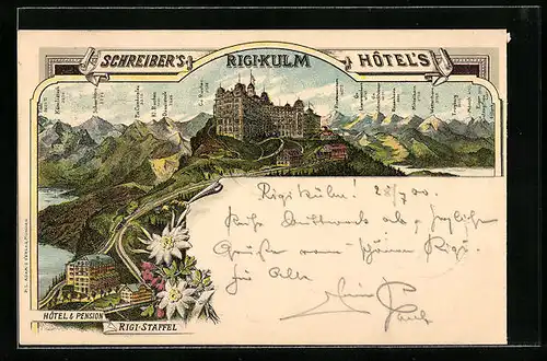 Lithographie Rigi-Kulm, Schreiber`s Rigi-Kulm Hotels, Hotel & Pension Rigi-Staffel mit Rosenhorn und Mittelhorn