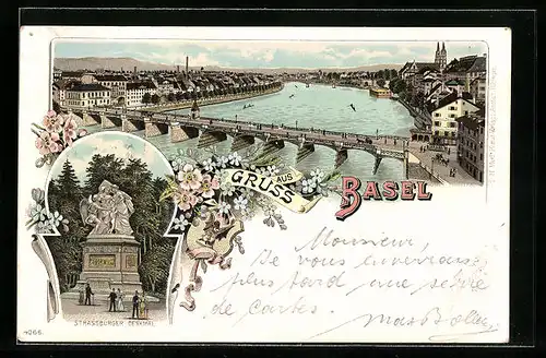 Lithographie Basel, Uferpartie mit Brücke, Strassburger Denkmal