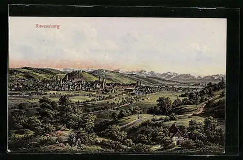 AK Ravensburg, Ortsansicht aus der Vogelschau