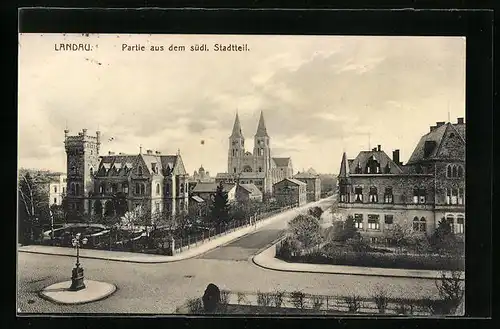 AK Landau, Strassenpartie im südlichen Stadtteil, Blick zur Kirche