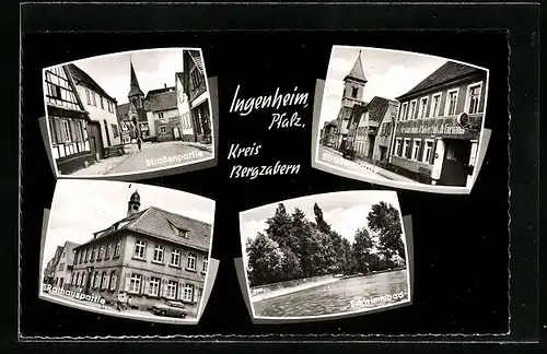AK Ingenheim /Pfalz, zwei Strassenpartien, Rathauspartie und Schwimmbad