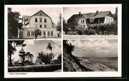 AK Ostseebad Dahme, Haus Seefrieden, Leuchtturm und Blick zum Strand