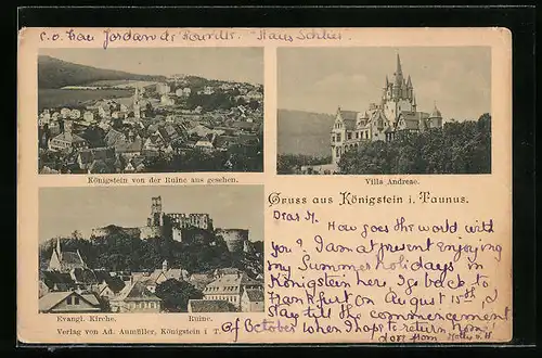 AK Königstein i. Taunus, Ortsansicht von der Ruine aus gesehen, Ev. Kirche, Villa Andrae
