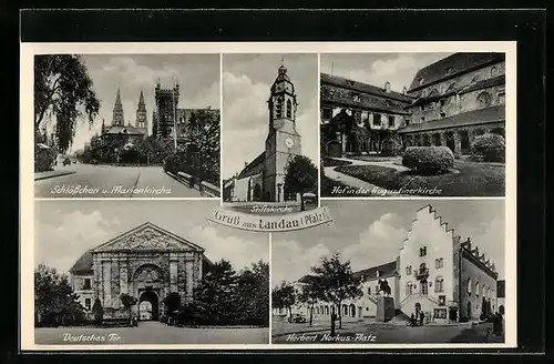 AK Landau (Pfalz), Stiftskirche, Schlösschen u. Marienkirche, Deutsches Tor, Hof Augustinerkirche, Herbert Norkus-Platz