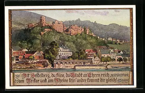 Künstler-AK Alt-Heidelberg, Ortsansicht mit Schloss