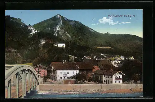 AK Marquartstein, Teilansicht mit Brücke und Blick zum Berg