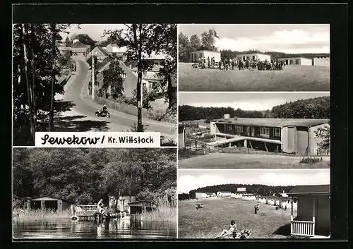 AK Sewekow, Blick auf Dorfstrasse, Strand am Langenhagen-See, Ferienlager des KV Magdeburg, Gaststätte am See, Bungalows