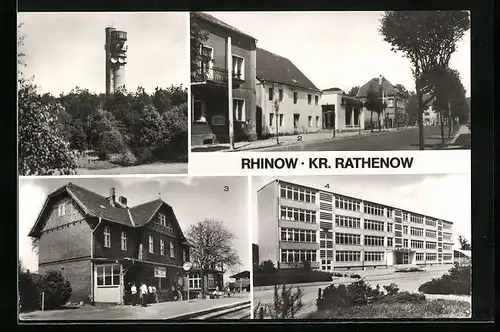 AK Rhinow, Fernseh-u. Richtturm, Ernst-Thälmann-Strasse, Bahnhof, Juri-Gagarin-Oberschule
