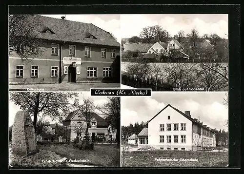AK Lodenau, Teilansicht, Kulturhaus, Ernst-Thälmann-Gedenkstein, Polytechnische Oberschule