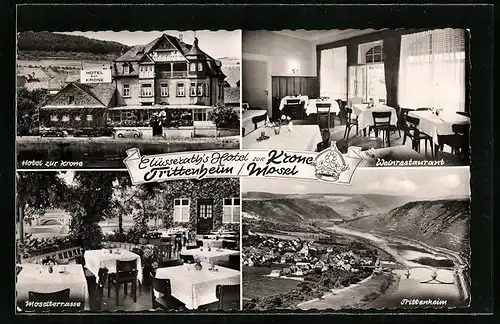 AK Trittenheim a. Mosel, Ortsansicht und drei Ansichten von Clüsserath`s Hotel Zur Krone