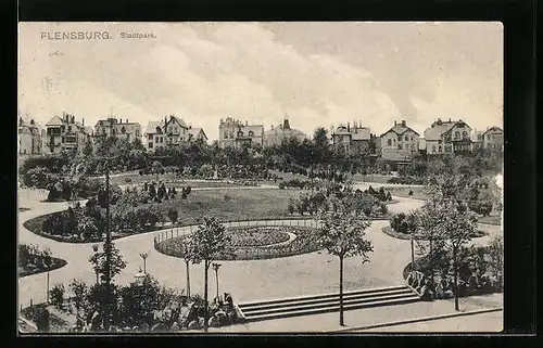 AK Flensburg, Stadtpark aus der Vogelschau