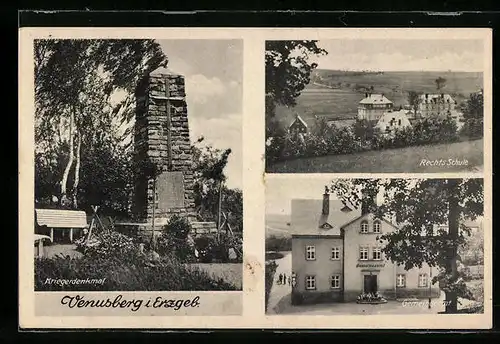 AK Venusberg i. Erzgeb., Gemeindeamt, Rechts-Schule, Kriegerdenkmal