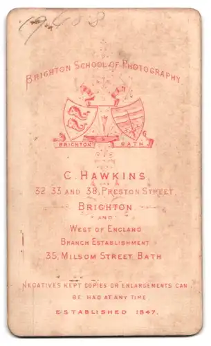 Fotografie C. Hawkins, Brighton, 32 & 38, Preston Street, Portrait junger Mann elegant im Anzug