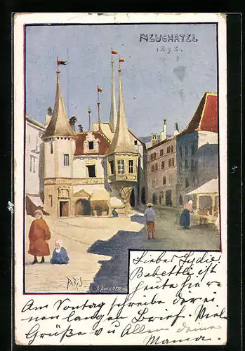 Künstler-AK Neuchâtel, Ortspartie 1898