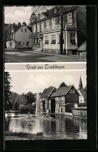 AK Denklingen bei Waldbröl, Hotel König, Teich mit Fontäne