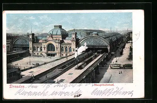 AK Dresden, Hauptbahnhof mit Strassenbahn