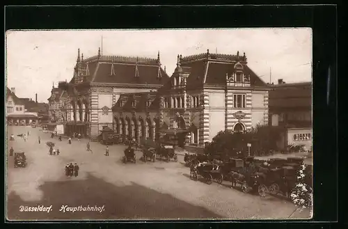 AK Düsseldorf, Hauptbahnhof mit Pferdewägen