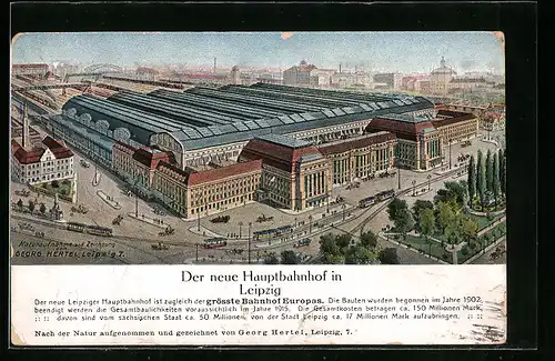 Künstler-AK Leipzig, Der neue Hauptbahnhof mit Strassenbahn