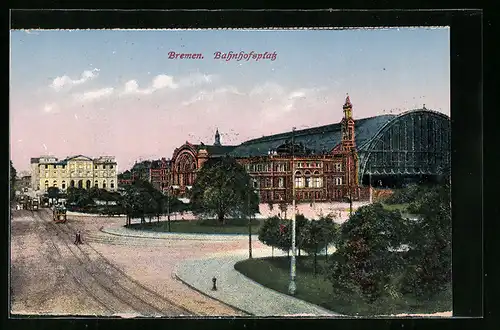 AK Bremen, Bahnhof und Bahnhofsplatz mit Strassenbahn