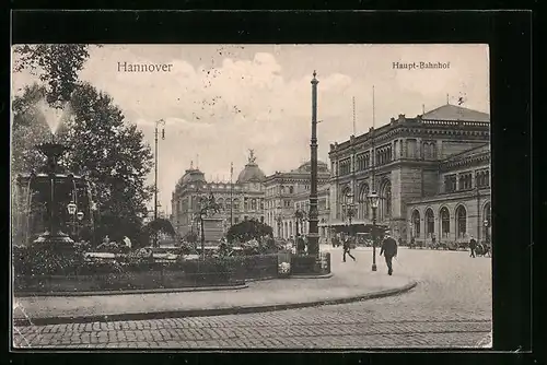 AK Hannover, Haupt-Bahnhof mit Denkmal und Brunnen