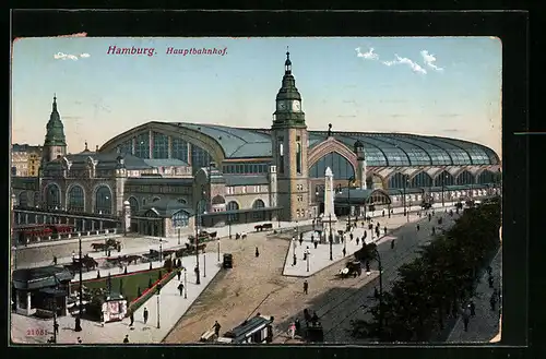 AK Hamburg-St.Georg, Hauptbahnhof mit Denkmal und Strassenbahn